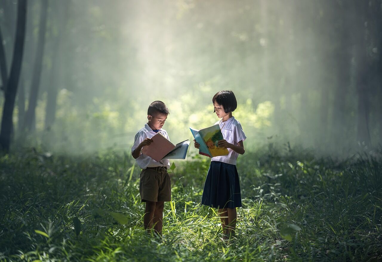 Thai students reading books in the rural area of Thailand